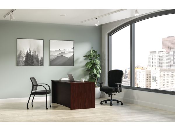 Mod desk in Traditional Mahogany with Wave big & tall chair and Ignition seating