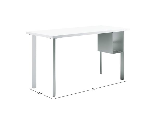 Designer white Coze table desk with silver post legs and undermount storage