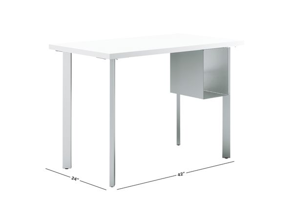 Designer white Coze table desk with silver post legs and undermount storage