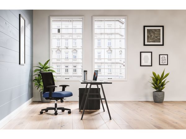 Mod Black a-leg desk in Java Oak laminate with Convergence task chair