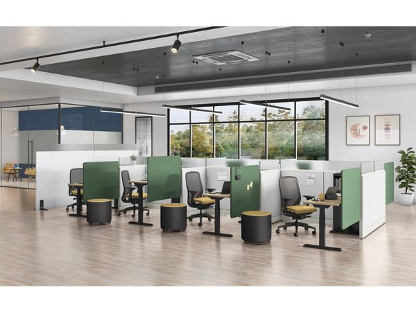 Universal Screens showed with Accelerate Panels, Contain Storage, Nucleus Task Chairs, and Flock Mini.