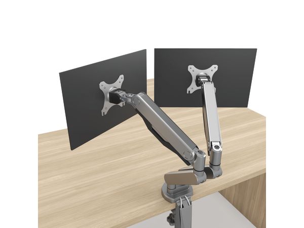 Dual monitor arm with monitors