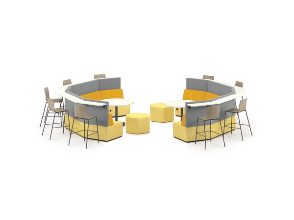 Tangram Bistro Back circle vignette, with Tangram poufs, Birk tables, and Ruck Chairs.