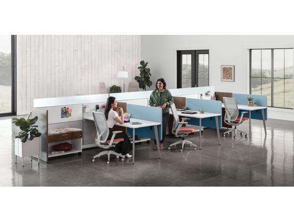 Flexion Seating with Abound Workstations, Contain Mobile Credenzas, Sculpt planters, West Hill and Mav Collaborative Seating