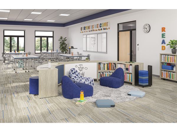 Classroom with Storyline nook featuring Confetti lounge chairs and floor cushions.