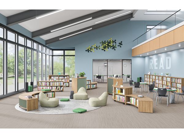 School media center with rows of linear and curved Storyline bookcases to create space division for reading or studying.