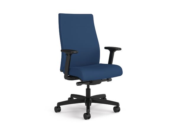 A blue HON Ignition 2.0 upholstered back task chair with black arms and black frame.