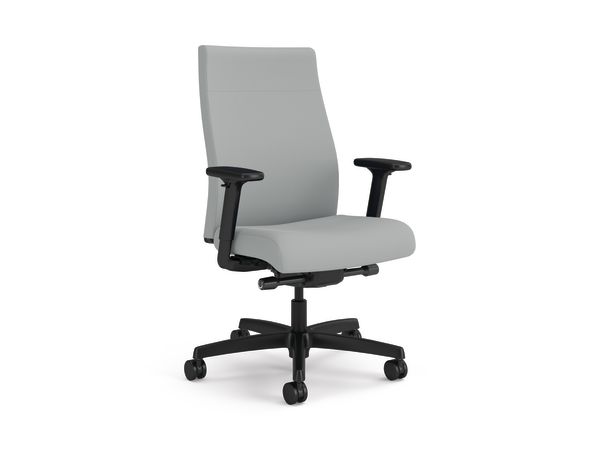 A gray HON Ignition 2.0 upholstered back task chair with black arms and black frame.