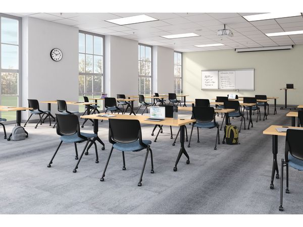 A classroom setting featuring Motivate chairs and tables with SmartLink learning board system.