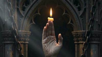 A pale hand rises from an old book with a red seal, holding a lit candle.