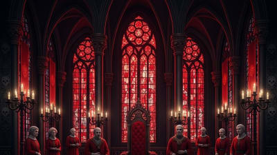 A dimly lit gothic hall features candlelit chandeliers, arched windows with red stained glass, and figures in red robes encircling an ornate throne.