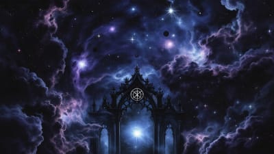 A celestial scene with Gothic archway amidst swirling cosmic clouds, stars, and purple hues, evoking mystery and wonder.