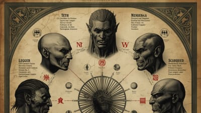 An intricate fantasy illustration displaying seven demonic faces in a circular arrangement.