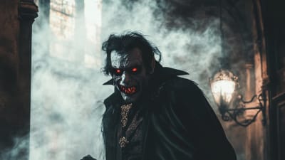 A menacing figure with glowing red eyes and sharp fangs stands in a foggy, dimly lit corridor. The person wears a dark cloak, exuding suspense and horror.
