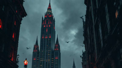 A dark, moody cityscape features tall gothic skyscrapers with red-lit windows against a cloudy sky.