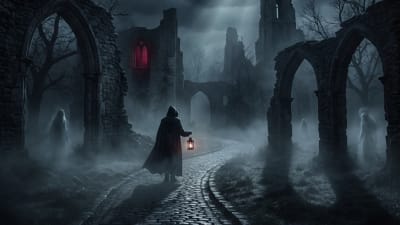 A cloaked figure with a lantern walks down a cobblestone path in eerie ruins. Ghostly figures and a red-lit window create a haunting atmosphere.