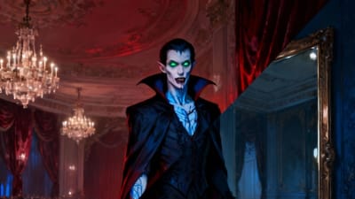 A vampire with glowing green eyes and fangs stands in an opulent room divided by red and blue lighting, with a smoky floor and reflective mirror.