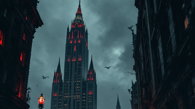 A dark, moody cityscape features tall gothic skyscrapers with red-lit windows against a cloudy sky.