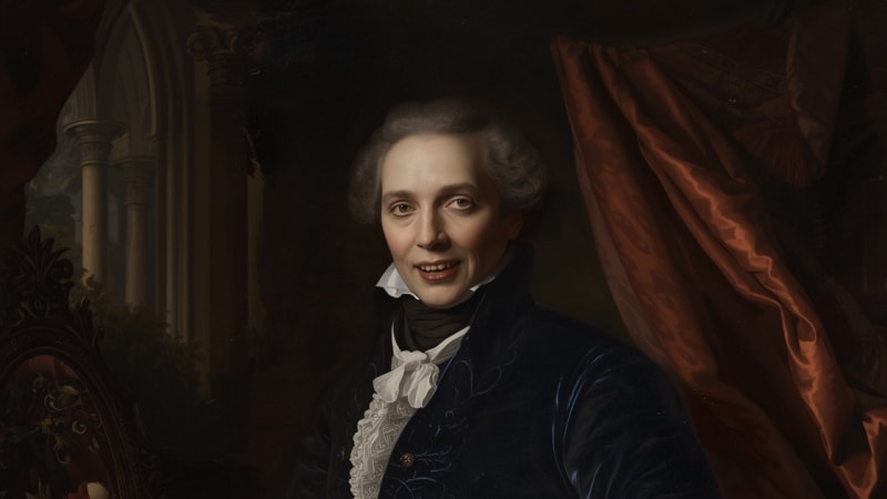 A person in elegant 18th-century attire, featuring a blue velvet coat and white ruffled shirt, stands beside a table with a white rose and goblet.