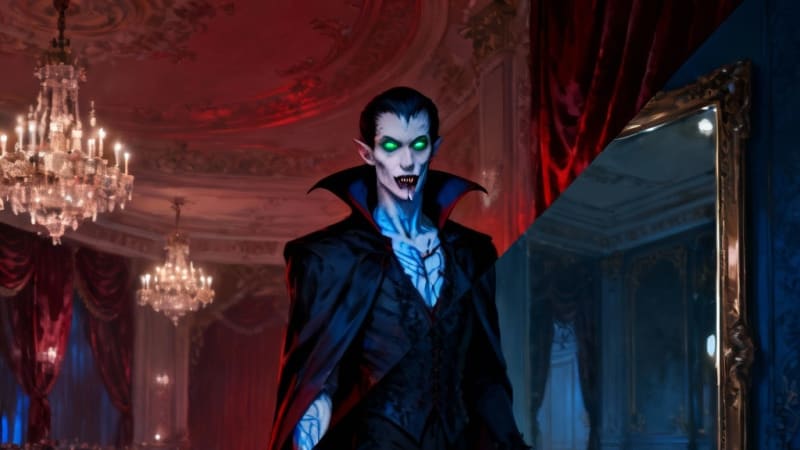 A vampire with glowing green eyes and fangs stands in an opulent room divided by red and blue lighting, with a smoky floor and reflective mirror.
