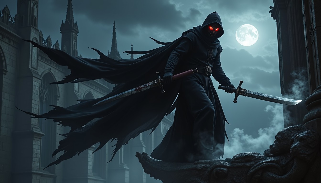 A hooded figure with glowing red eyes wields two swords, standing on a gothic ledge.