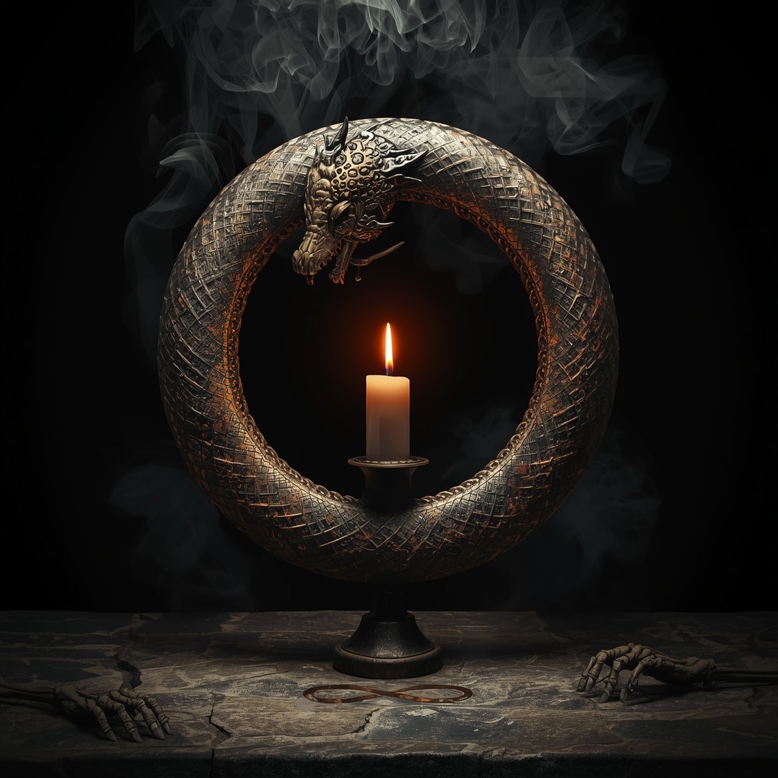 A bronze dragon forms a circle around a lit candle, emitting smoke in a dark setting. Two skeletal hands rest below, adding an eerie, mystical tone.