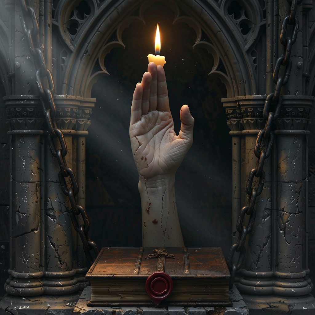 A pale hand rises from an old book with a red seal, holding a lit candle.