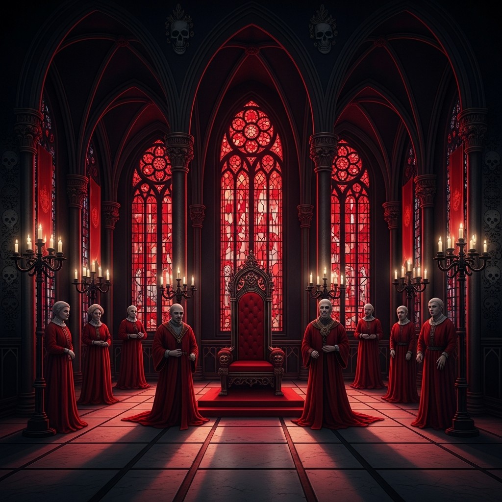 A dimly lit gothic hall features candlelit chandeliers, arched windows with red stained glass, and figures in red robes encircling an ornate throne.