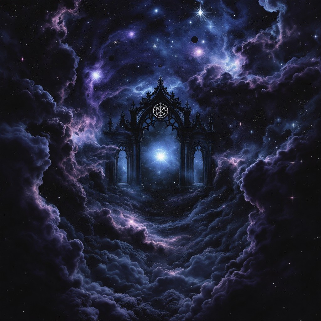 A celestial scene with Gothic archway amidst swirling cosmic clouds, stars, and purple hues, evoking mystery and wonder.