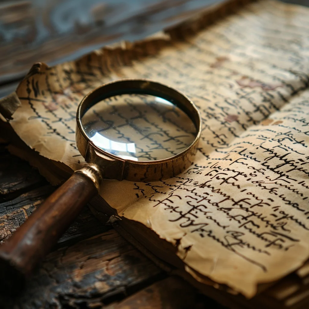 An aged magnifying glass rests on a weathered, handwritten manuscript. The scene evokes a sense of mystery and historical exploration.