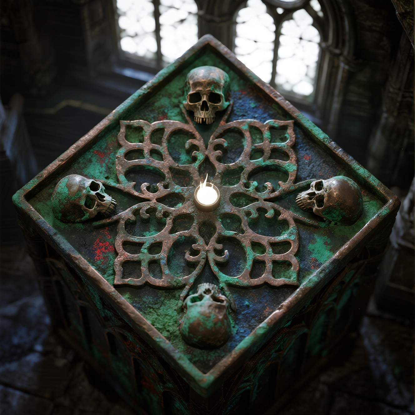 An ornate box with a textured green patina, decorated with metal skulls and intricate patterns, is illuminated by soft light.
