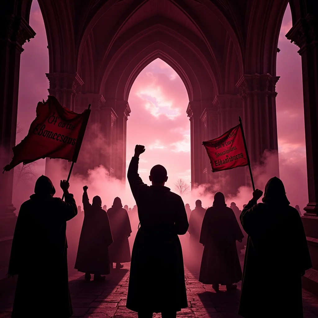 Silhouetted figures in cloaks hold red flags under a gothic arch, surrounded by pink smoke. A raised fist suggests a mood of protest or defiance.