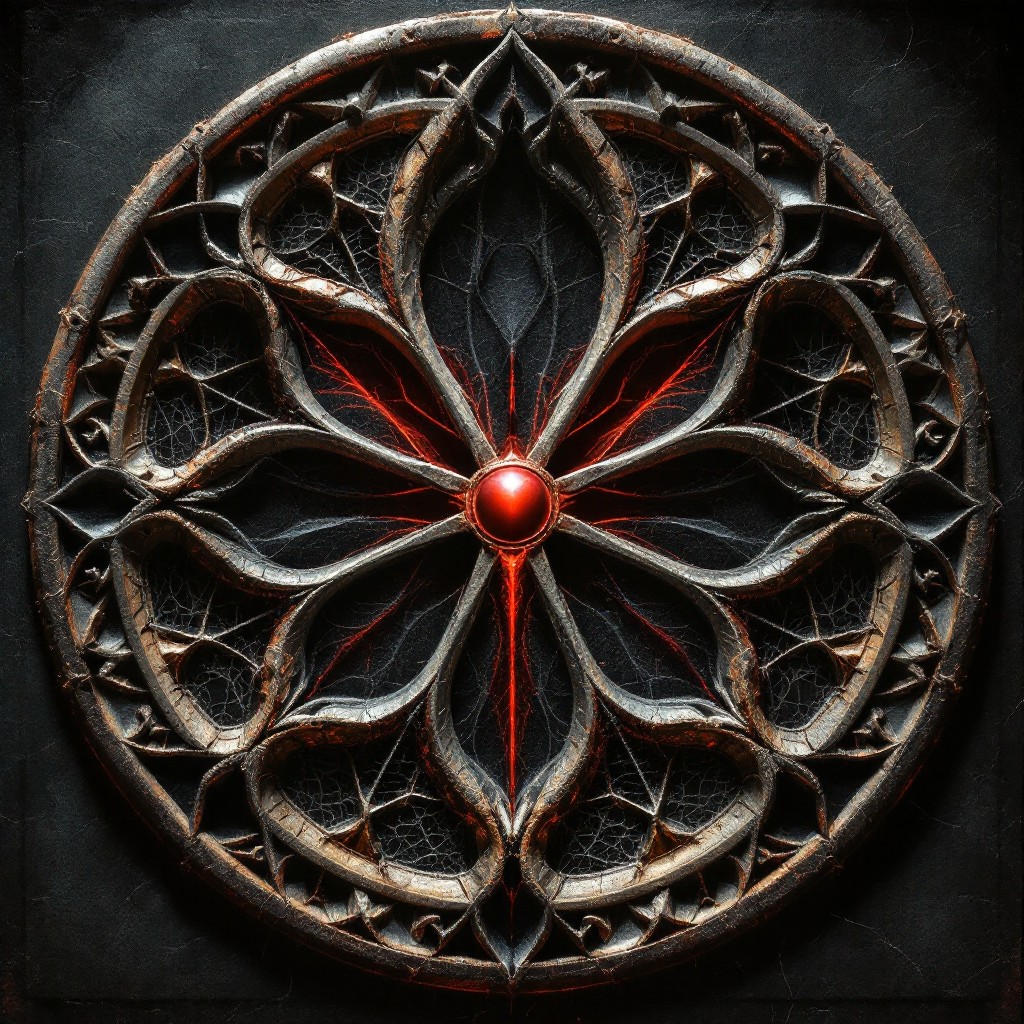 Ornate circular design featuring intricate gothic patterns and a central glowing red orb on a dark background, conveying a mystical and ancient feel.