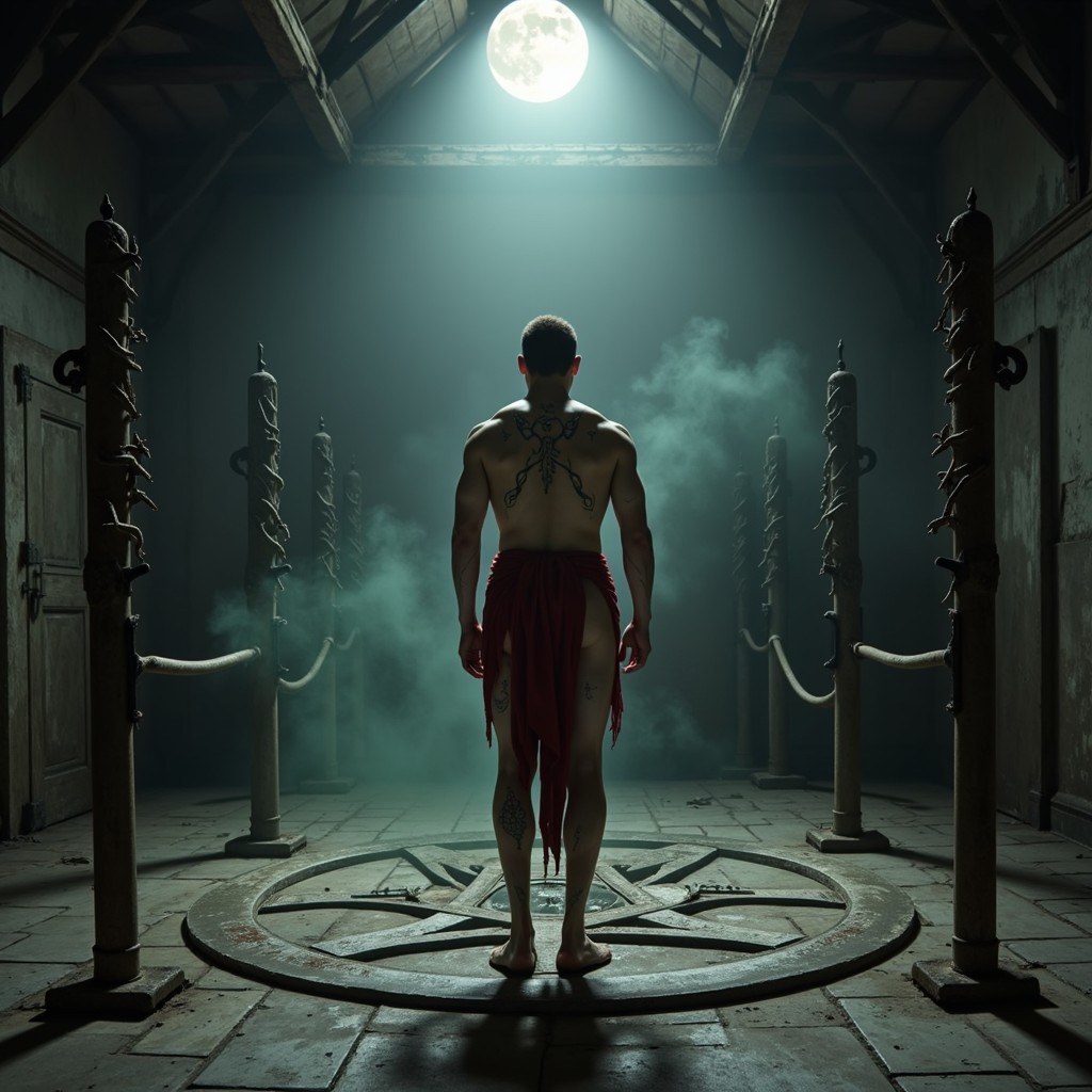 A muscular man with tattoos stands on a circular symbol in a dimly lit room, enveloped in mist, under moonlight. The mood is mysterious and intense.
