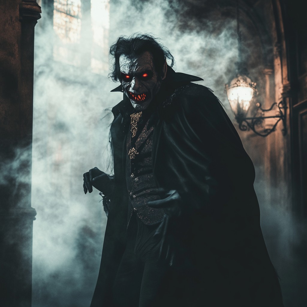 A menacing figure with glowing red eyes and sharp fangs stands in a foggy, dimly lit corridor. The person wears a dark cloak, exuding suspense and horror.