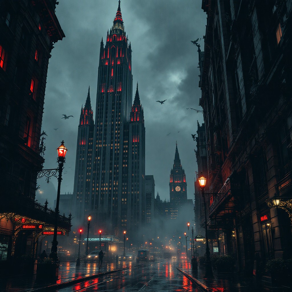 A dark, moody cityscape features tall gothic skyscrapers with red-lit windows against a cloudy sky.