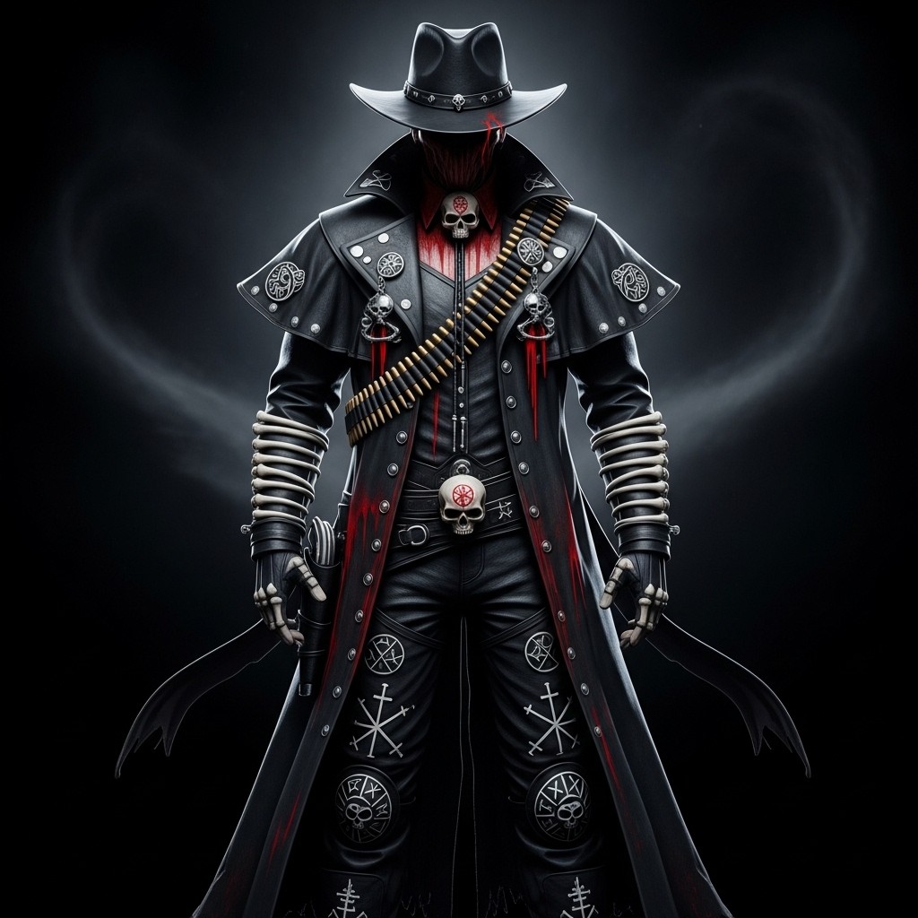 Mysterious figure in dark attire stands with a wide-brimmed hat and long coat adorned with skulls and symbols, exuding a gothic, ominous aura.