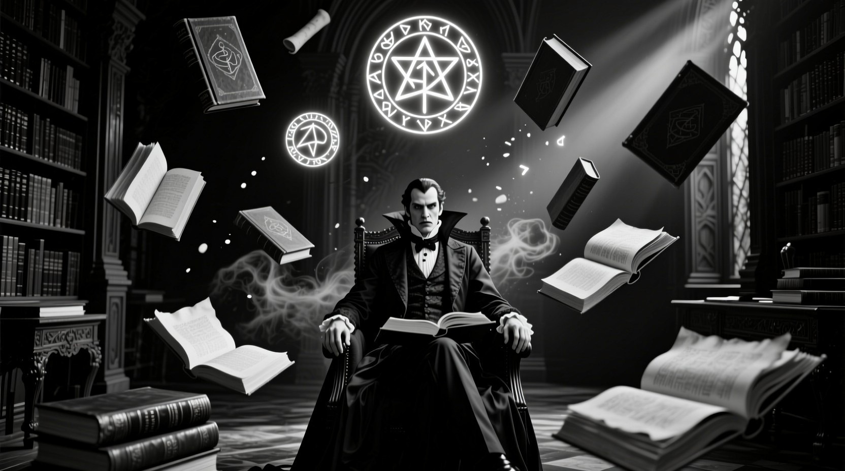 A mysterious figure in a suit sits in a dim library, surrounded by levitating books and glowing arcane symbols, conveying a sense of dark magic.