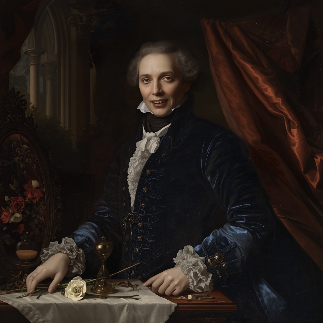 A person in elegant 18th-century attire, featuring a blue velvet coat and white ruffled shirt, stands beside a table with a white rose and goblet.