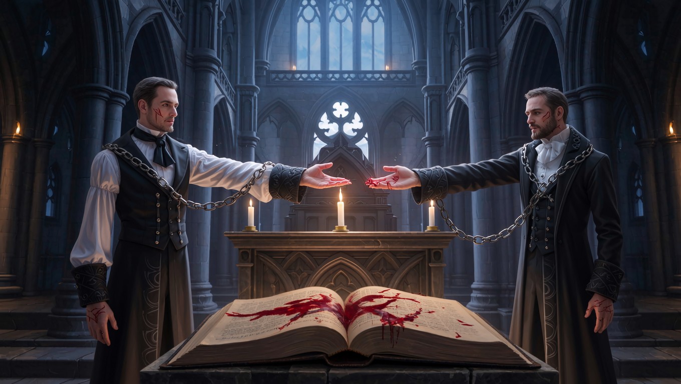 Two men in dark, ornate robes, chained together, solemnly exchange a bloodied object over a large, ancient book in a dimly lit gothic cathedral.