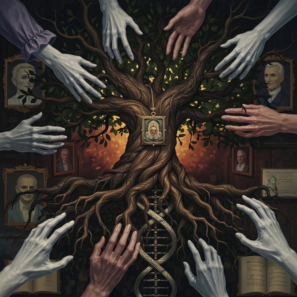 A tree with intertwined roots forming a DNA strand, surrounded by reaching hands. Framed portraits and open books are in the background.
