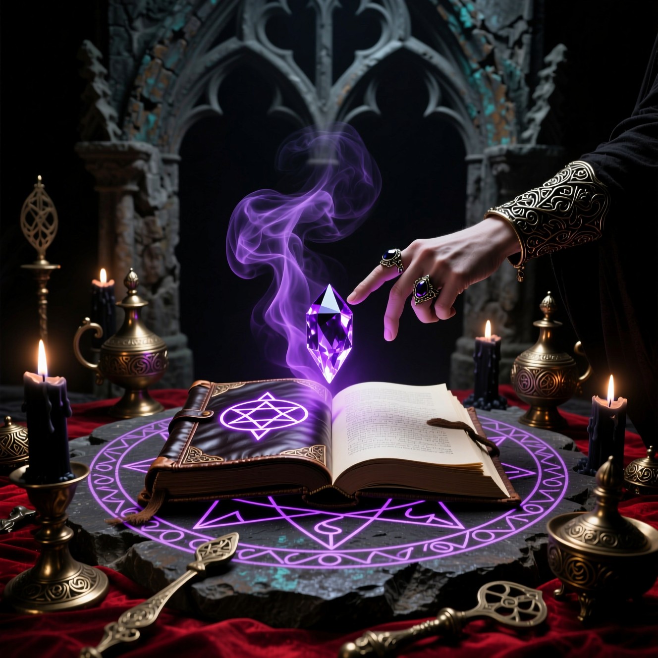 A mysterious, medieval scene with a hand hovering over an open book, glowing purple crystal levitating above it.