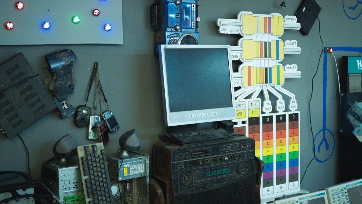 A cluttered wall of vintage electronics and gadgets, showcasing retro technology in a creative setup.