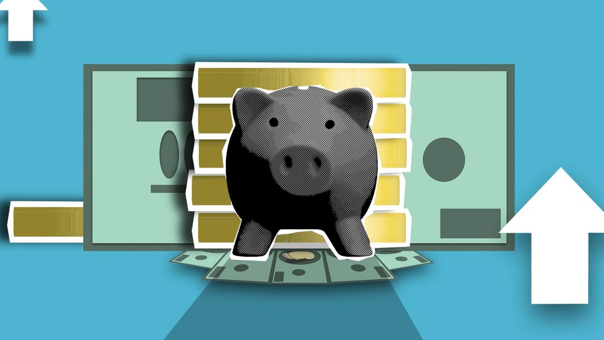 Kenyan Banks Thrive as Tanzania's Sector Rapidly Expands Cutout paper composition of piggy bank with banknotes and pile of coins on blue background.