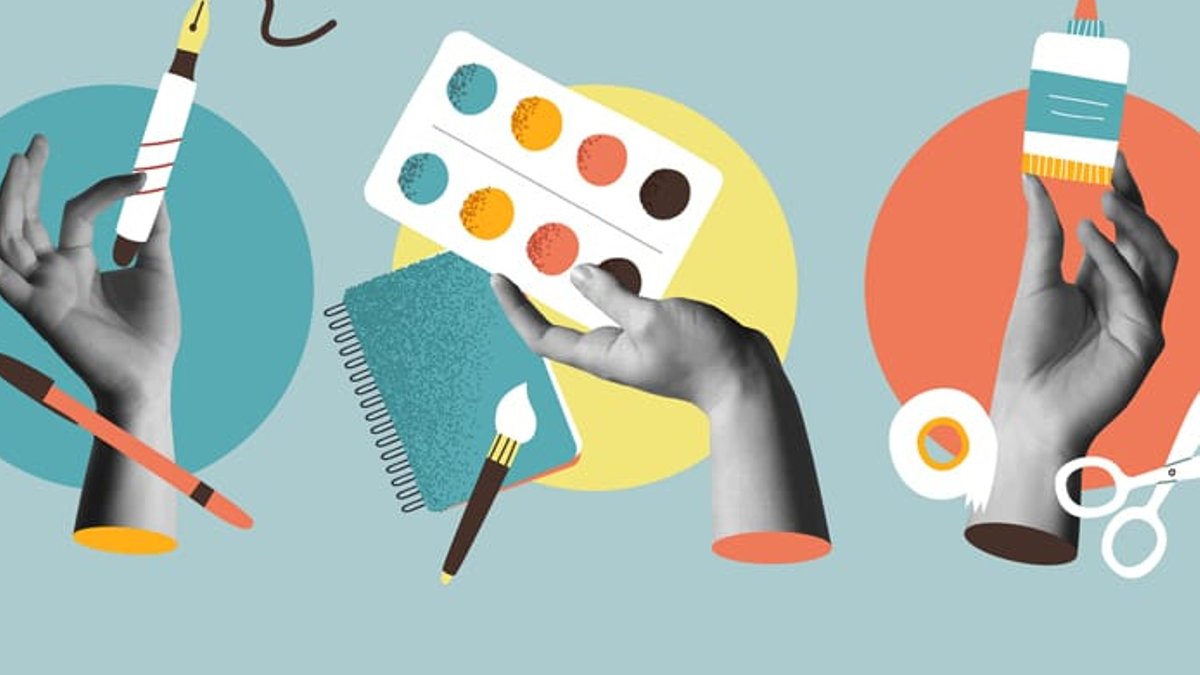 Creativity Boosts Lawyers' Leadership and Decision-Making An overhead view of a desk with a watercolor paint set, colored pencils, scissors, and a coffee cup, representing the connect