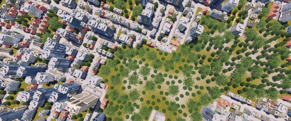 An aerial view of city and park area.