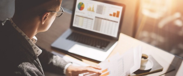 A statistician sitting at a desk and looking at a chart on the computer.