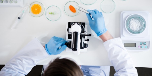 A food innovation technologist looking at various foods through a microscope.