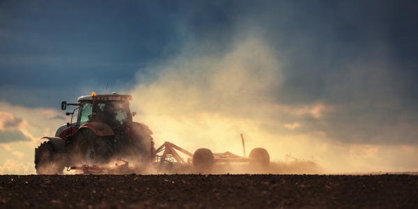 A tractor harvesting a crop out in the field.