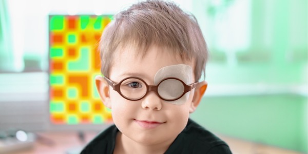 A little boy wearing an eye patch to correct his lazy eye.